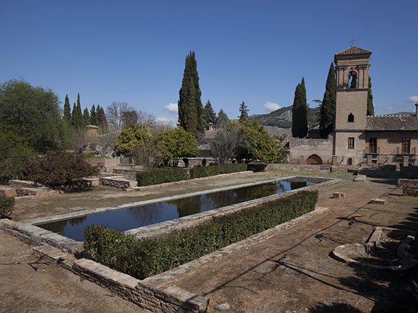 Exterior view of the former Convent of San Francisco, a Franciscan friary that was disentailed in 1835. It was founded inside the Alhambra at the decision of Ferdinand and Isabella in 1492