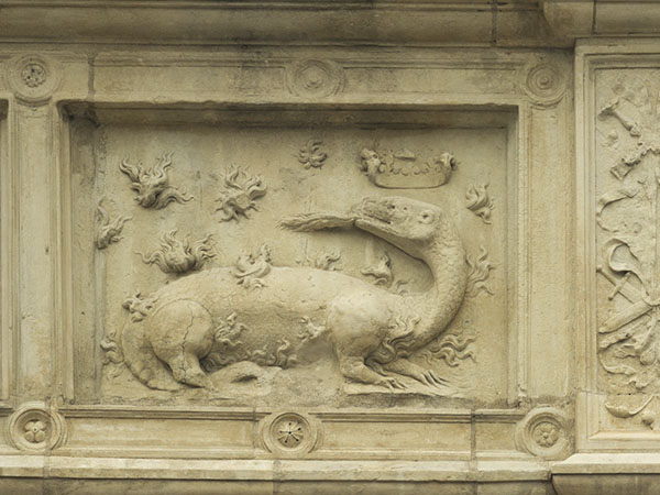 Town hall, Beaugency, the royal emblem of the salamander on the façade